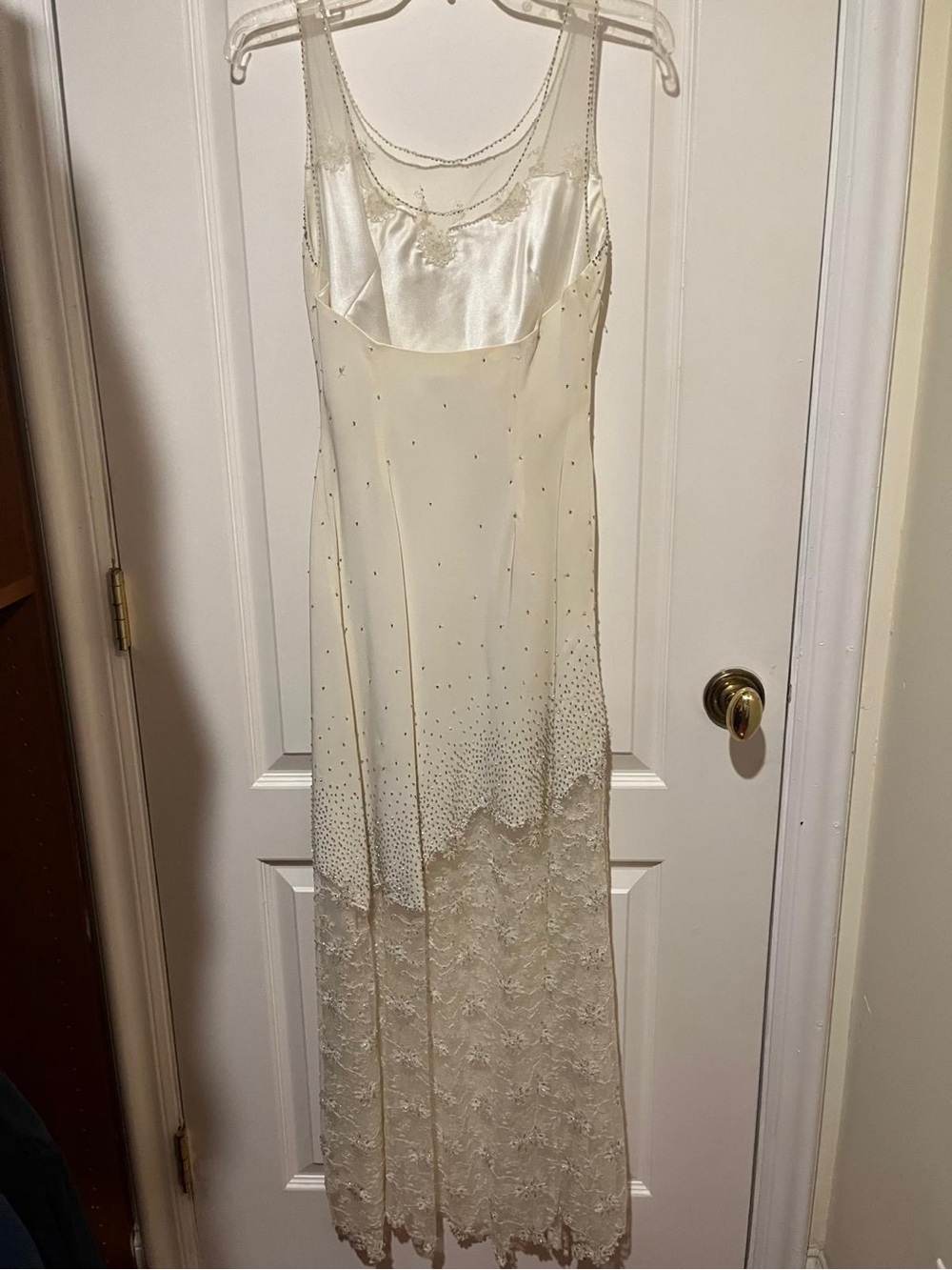 Jovani Ivory Beaded Lace Maxi Slip Dress